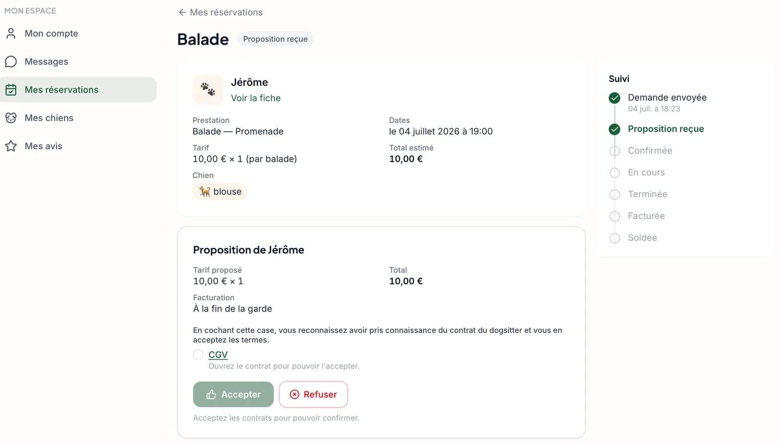 Le maître prend connaissance du contrat et l'accepte en ligne
