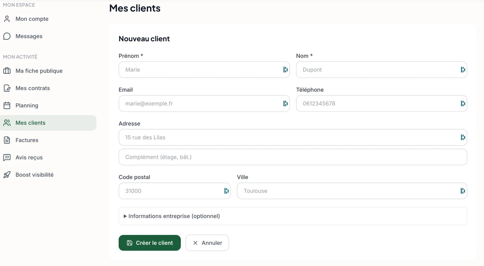 Formulaire de création d'une fiche client