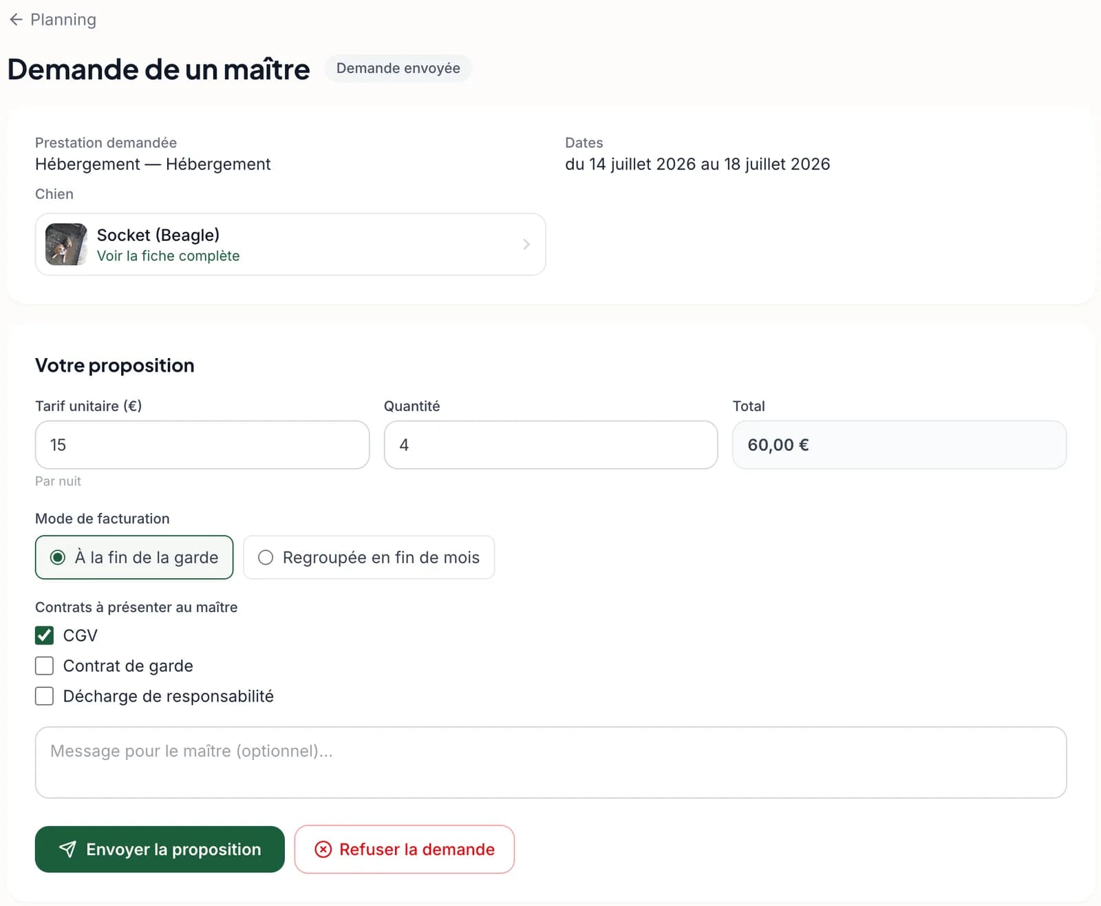 Écran de création d'un devis pour une demande de garde