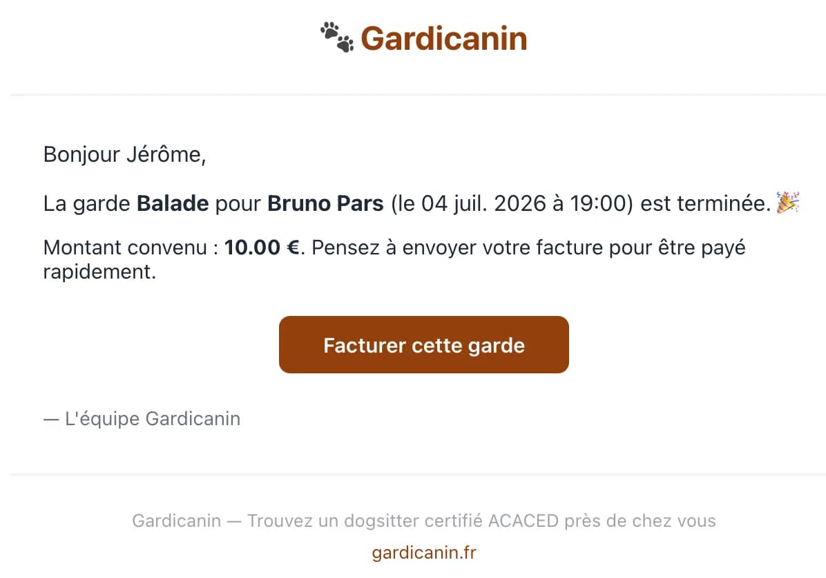 Email de fin de garde avec bouton pour facturer