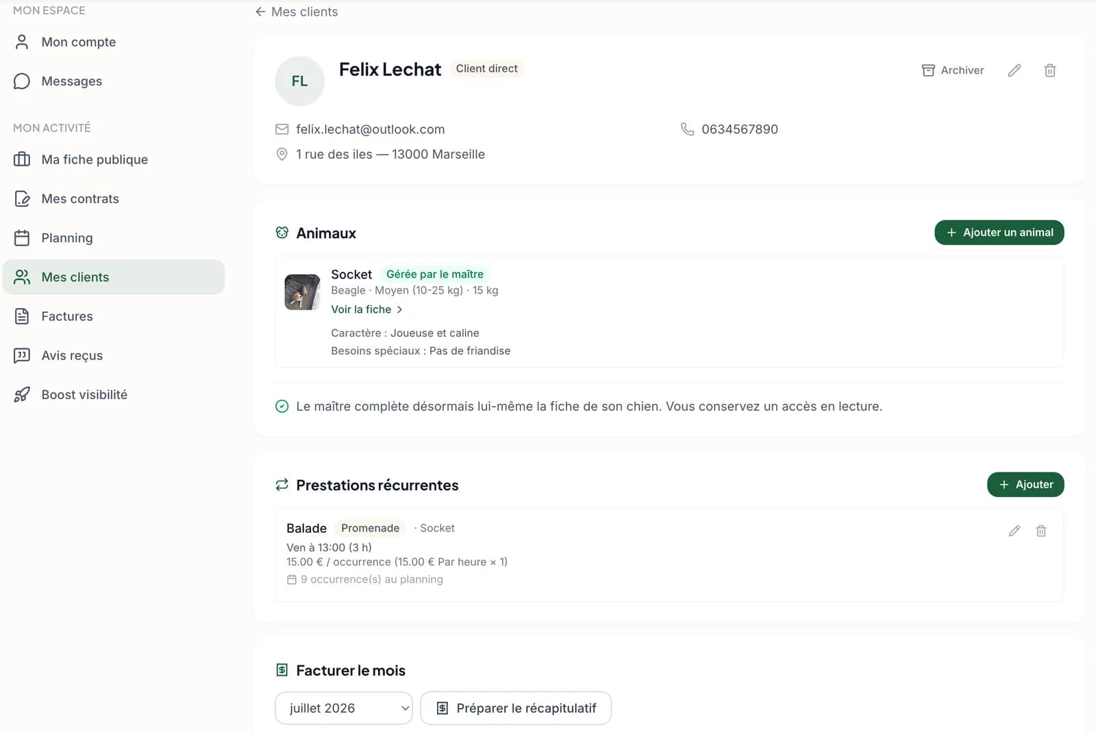Visualisation d'une fiche client et de son chien