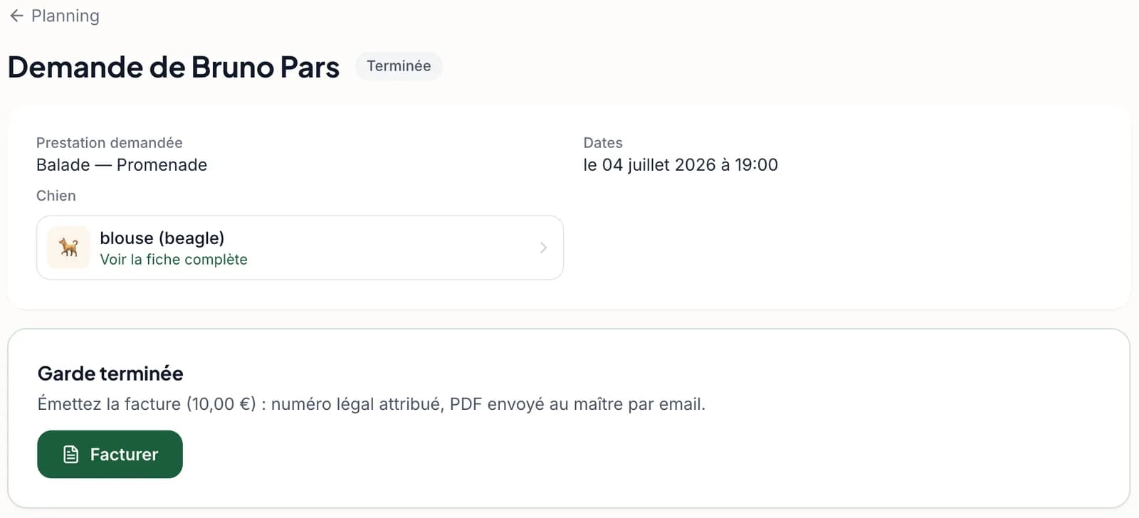 Récapitulatif d'une garde terminée avec bouton Facturer