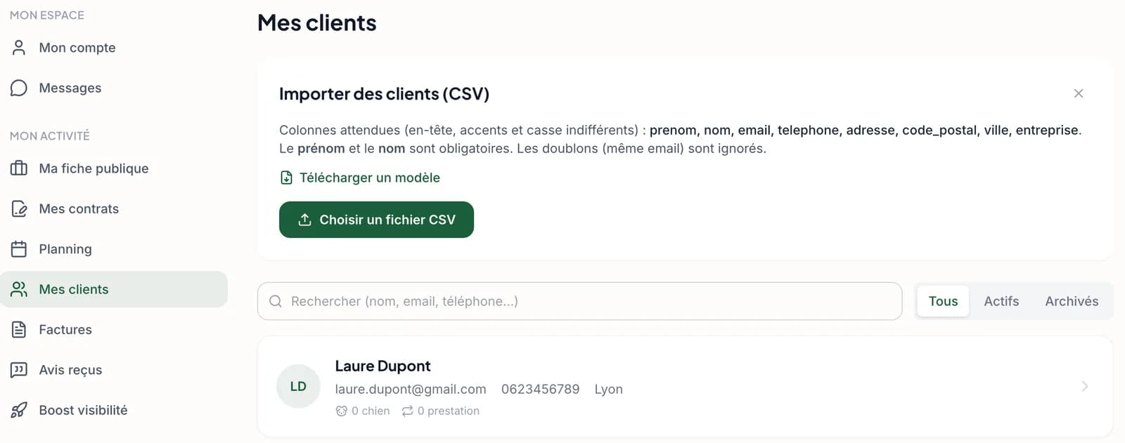 Import massif des clients par fichier CSV