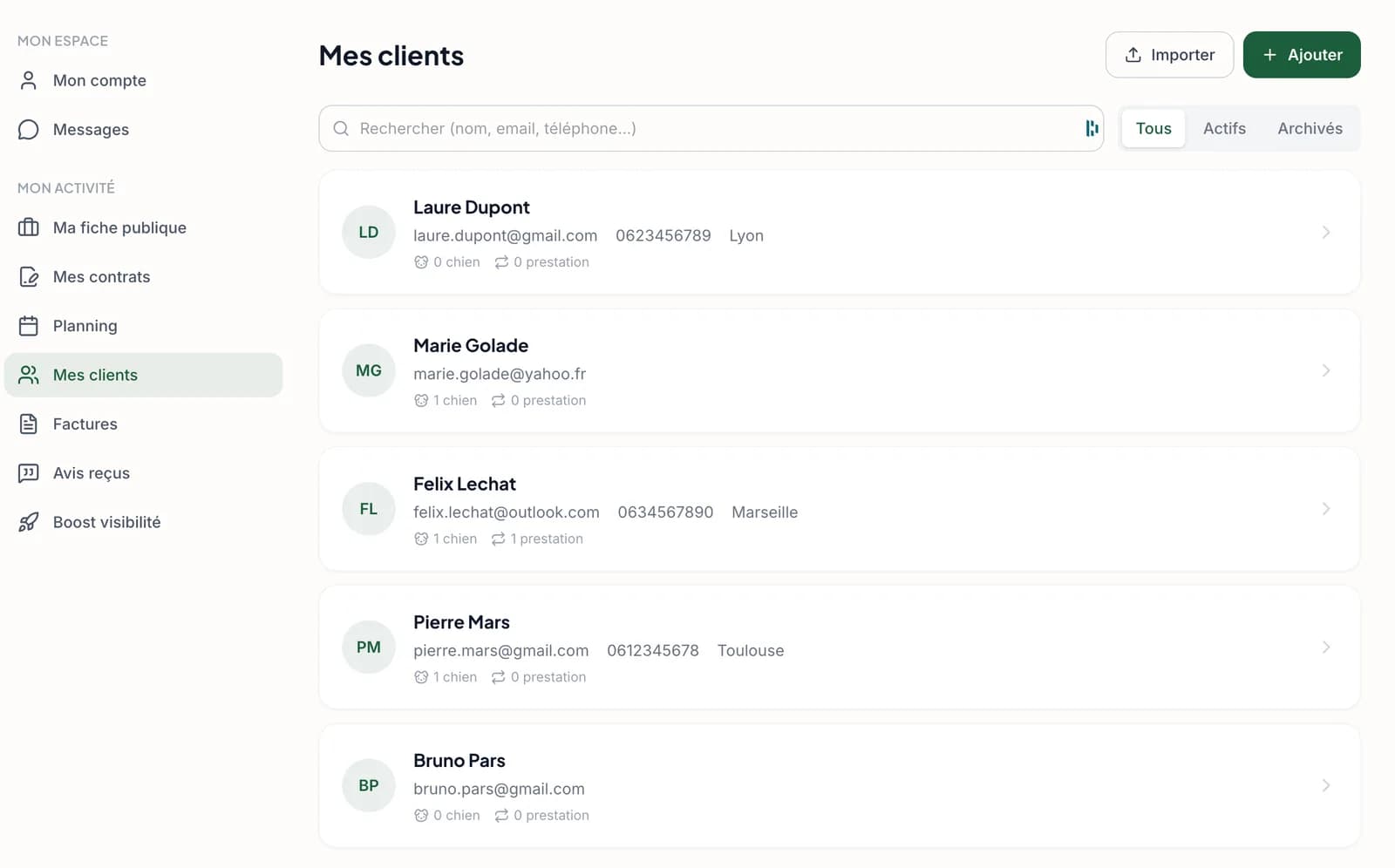 La liste des clients d'un dogsitter sur Gardicanin