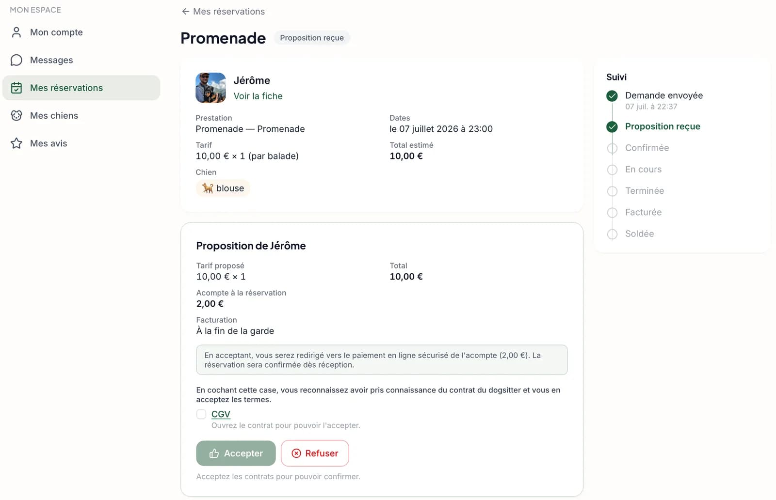 Écran d'acceptation et de paiement de l'acompte côté maître