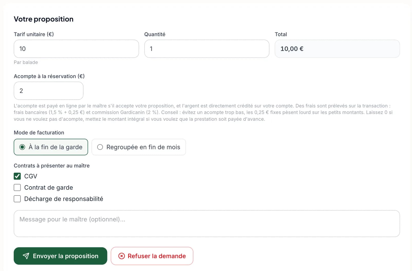 Champ acompte sur la proposition du dogsitter
