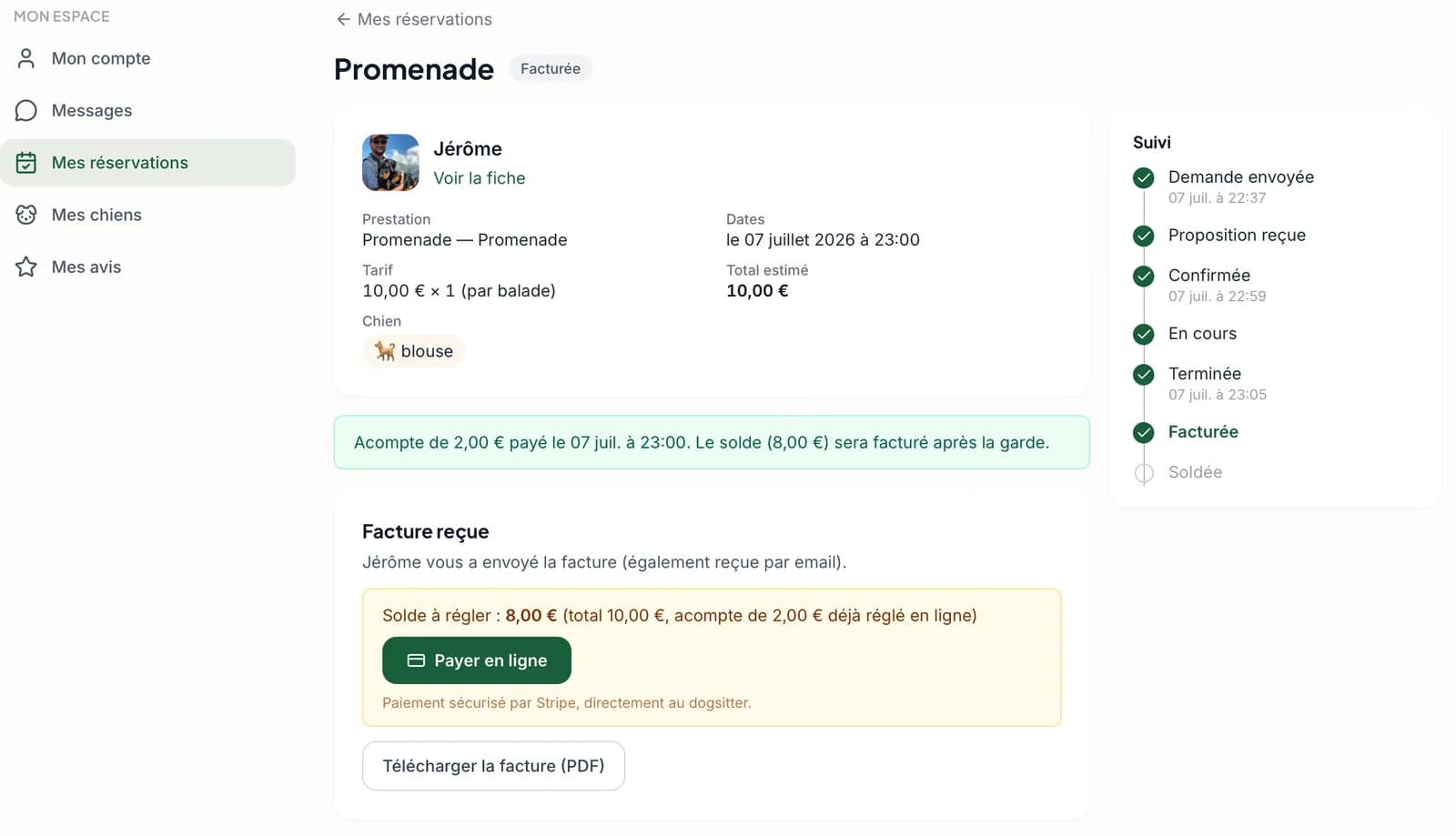 Bouton Payer en ligne sur la facture, côté maître, avec le solde à régler
