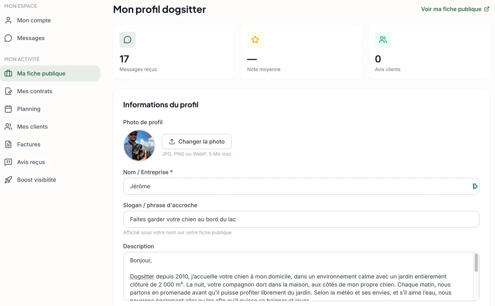 Espace dogsitter : messages reçus, note, avis et informations du profil