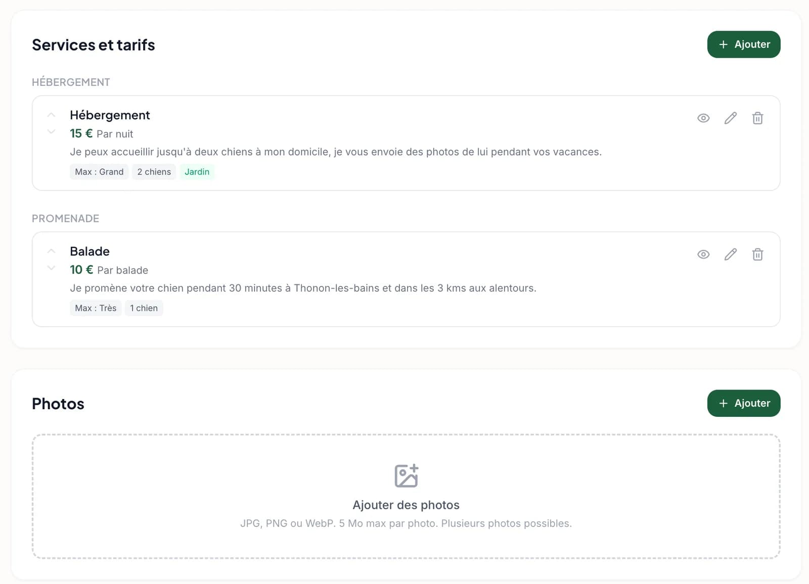 Section services et tarifs de l'espace dogsitter, à compléter pour recevoir des réservations