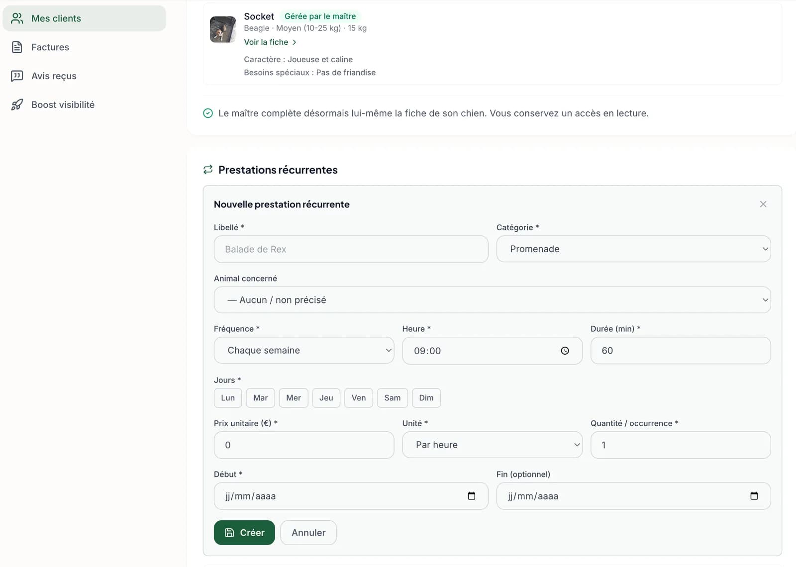 Le dogsitter crée une prestation récurrente depuis la fiche client
