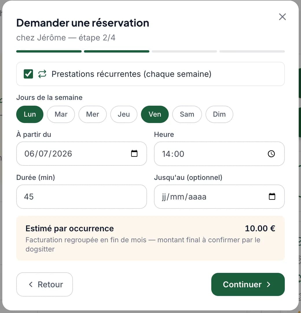 Un maître demande une prestation récurrente lors de sa réservation