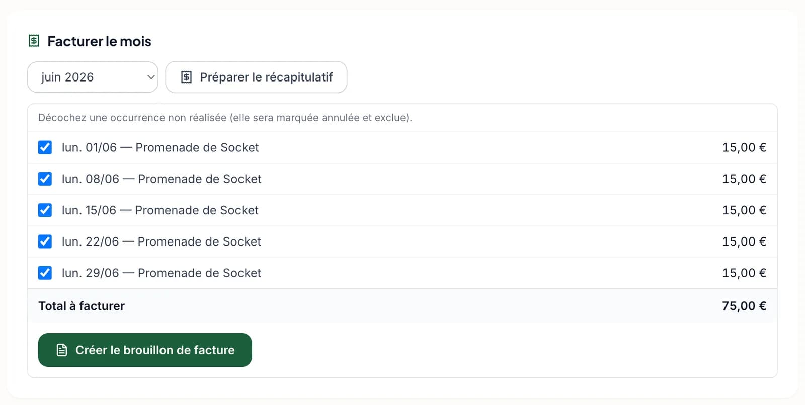 Écran de facturation mensuelle avec sélection des occurrences