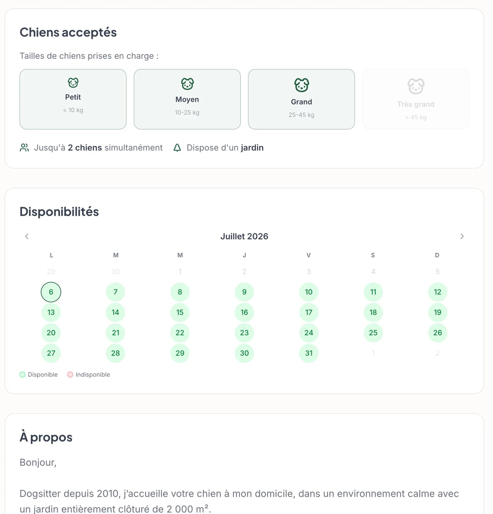 Tailles de chiens acceptés et calendrier de disponibilités