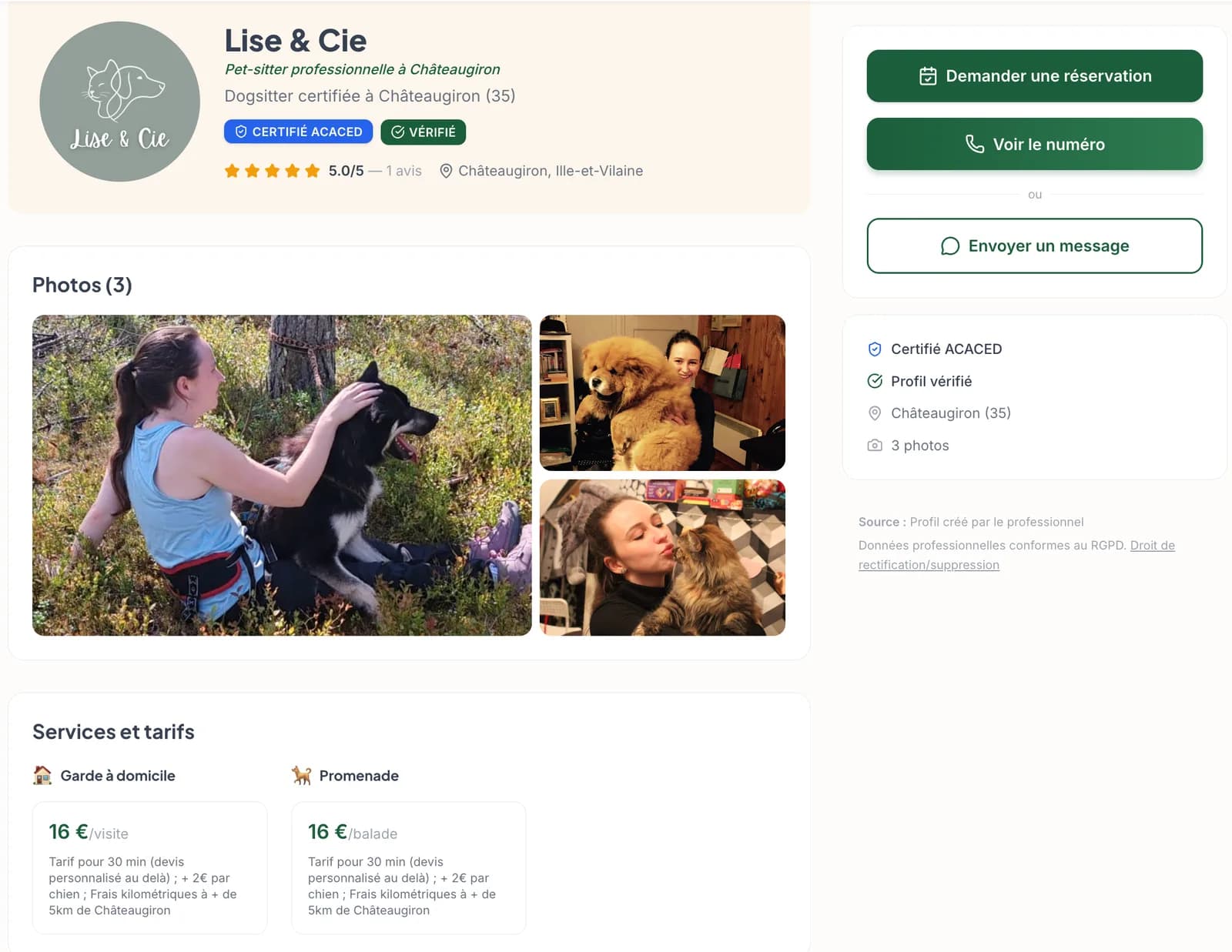 Fiche publique professionnelle d'une dogsitter sur Gardicanin