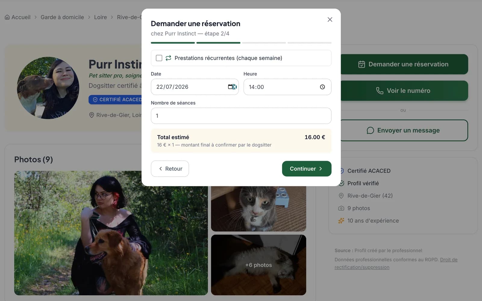 Vitrine d'un dogsitter et demande de réservation sur Gardicanin