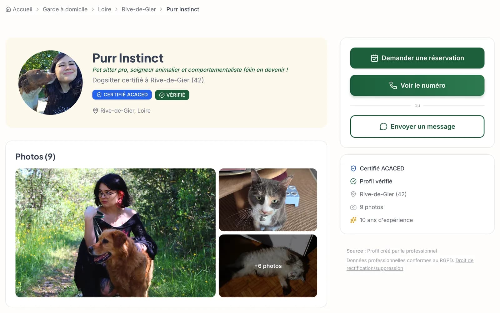 Vitrine d'un dogsitter et demande de réservation sur Gardicanin